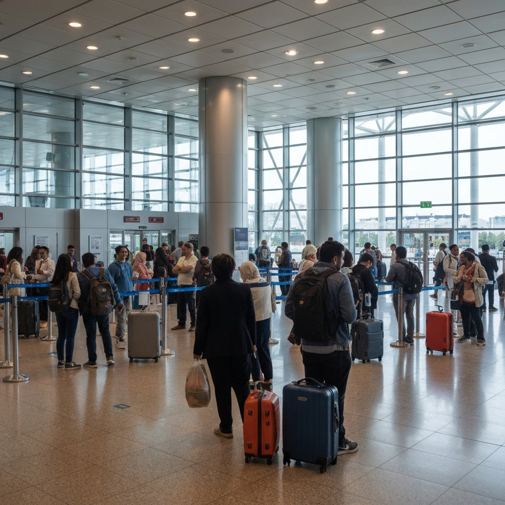Vista amplia de una sala de inmigracion llena de pasajeros con maletas y documentos, mostrando la magnitud del cambio.