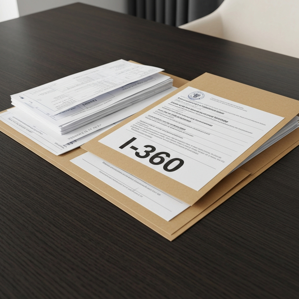 Carpeta abierta con recibos y evidencia de la relacion junto a documentos de elegibilidad de la I-360 que es la i 360