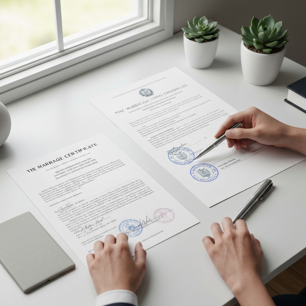 Escritorio con acta de matrimonio, historial migratorio y expedientes; puedo perder mi residencia permanente si me divorcio.