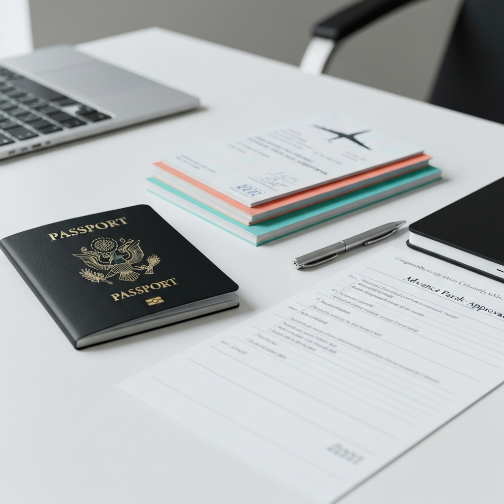 Esquema minimalista con pasaporte, parole y documentos; es seguro viajar con advance parole.