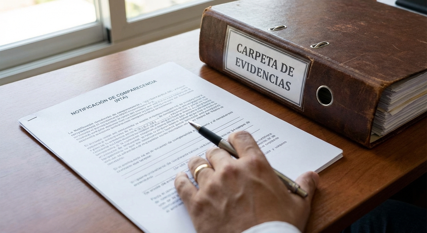 Imagen de Notificacion de Comparecencia (NTA) y carpeta de evidencias en una oficina legal, derechos residentes deportación​