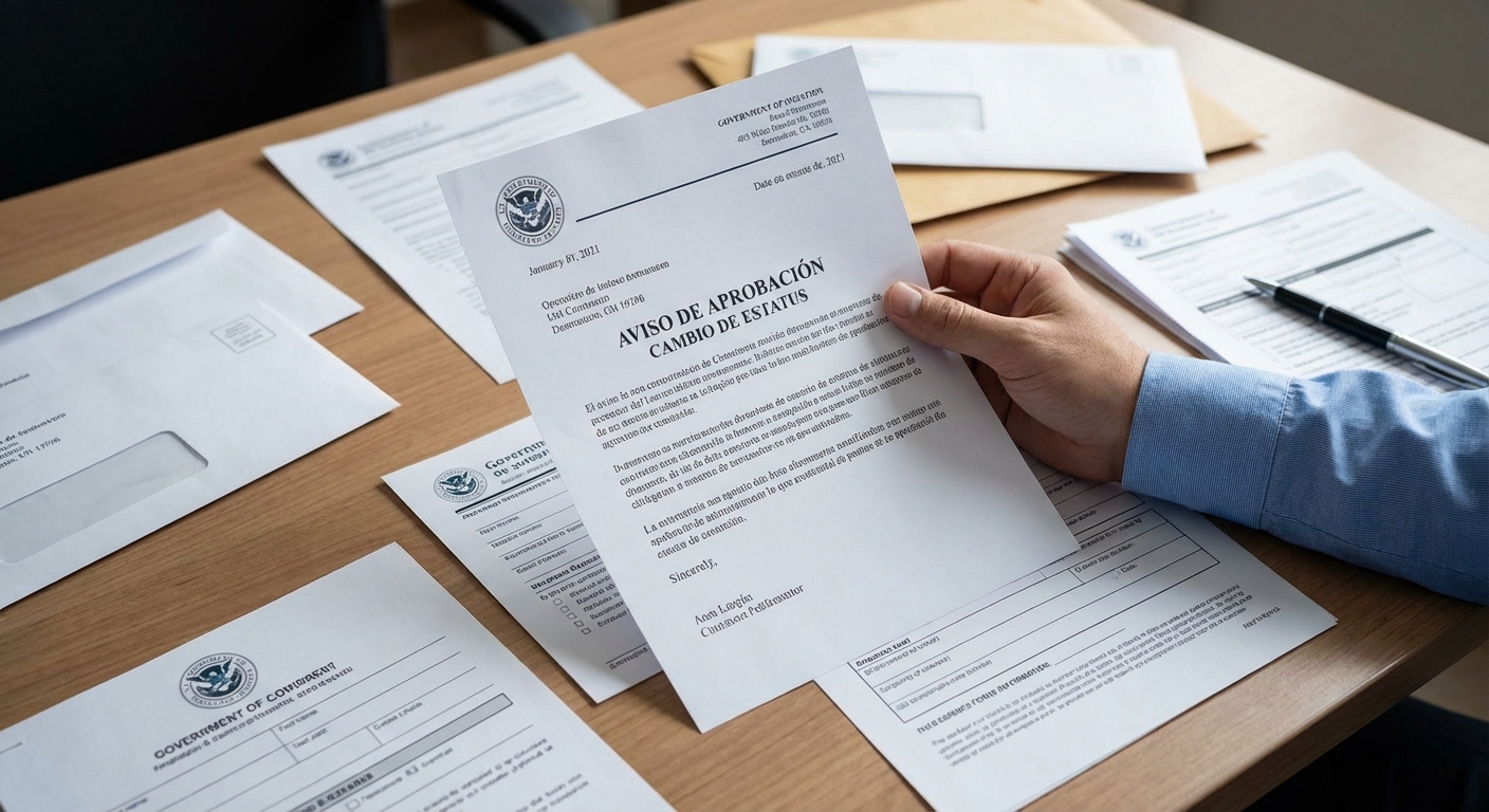 La imagen muestra una carta de aprobacion o aviso oficial entre documentos sobre el cambio de estatus visa h1b que es
