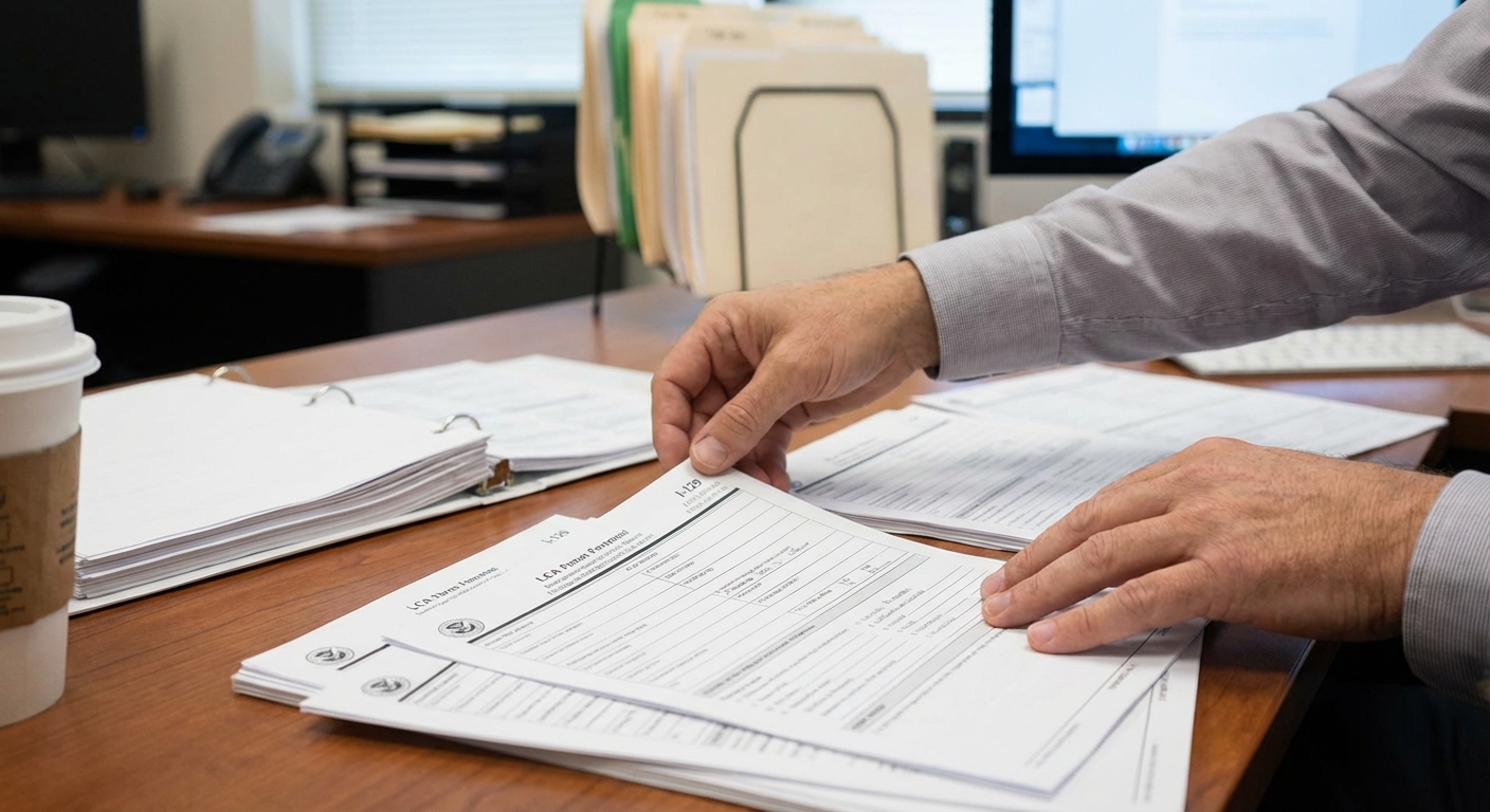 Manos organizan formularios I-129 y LCA para presentar ante USCIS durante el proceso H-1B visa h1b que es