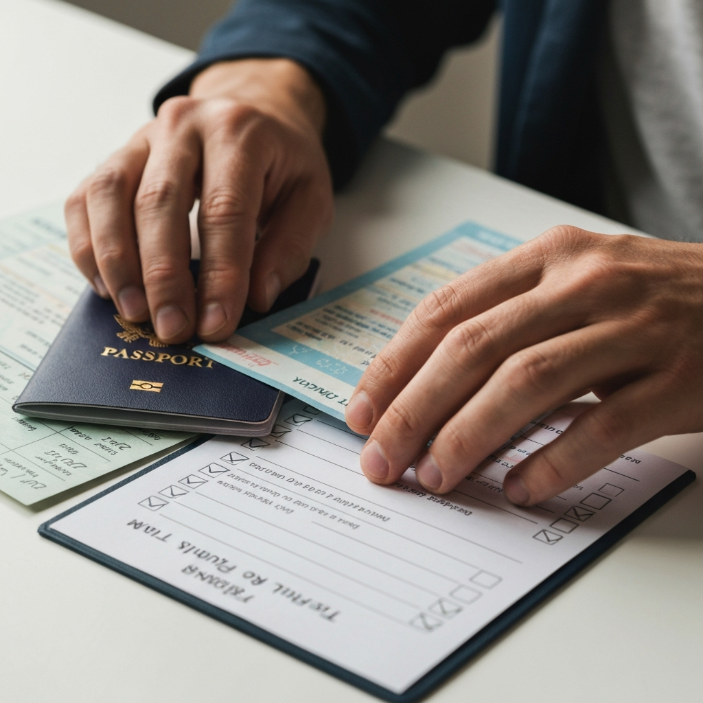 Manos organizando documentos de viaje y lista de verificacion; es seguro viajar con advance parole.