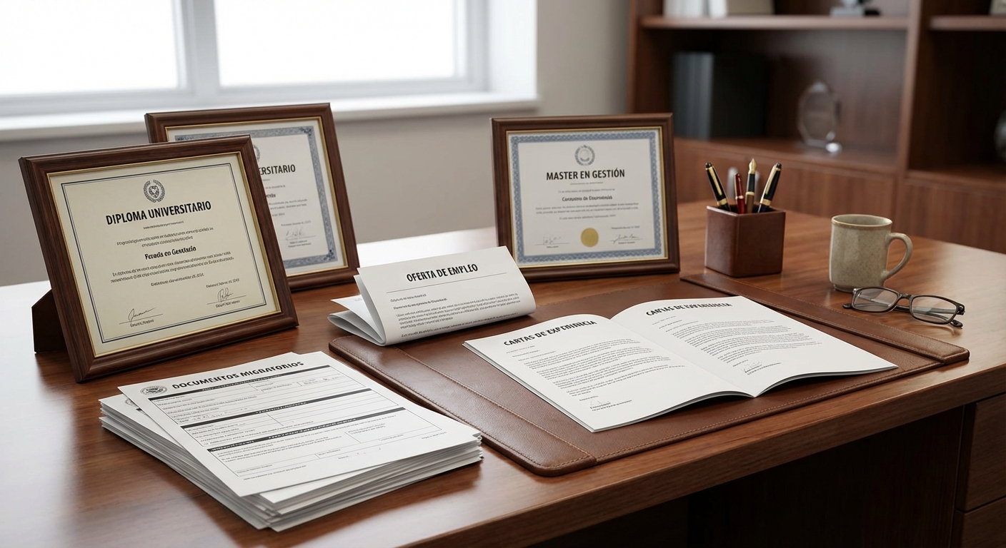Mesa de oficina con diplomas, oferta de empleo y cartas de experiencia sobre documentos migratorios visa h1b que es
