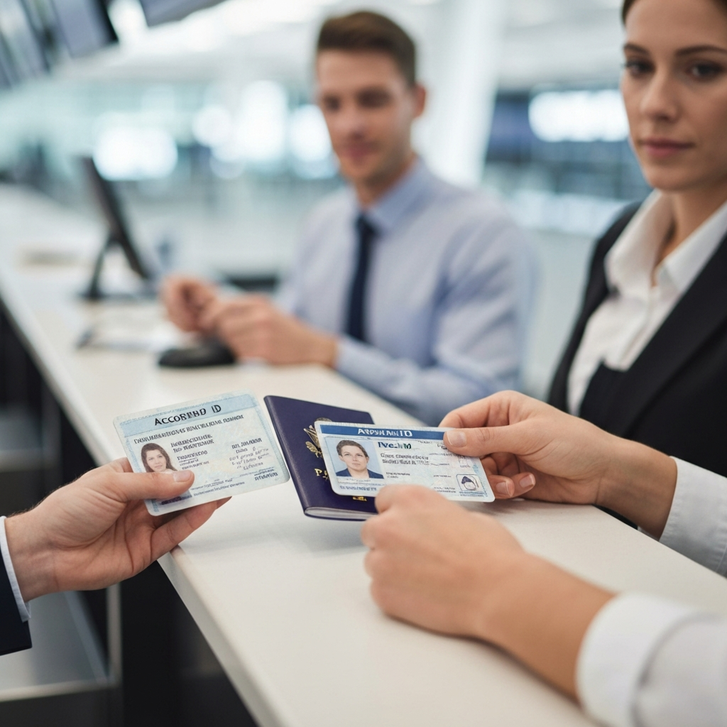 Mostrador de aeropuerto muestra pasaporte vigente y Real ID, con la idea de se puede viajar dentro de estados unidos solo con pasaporte