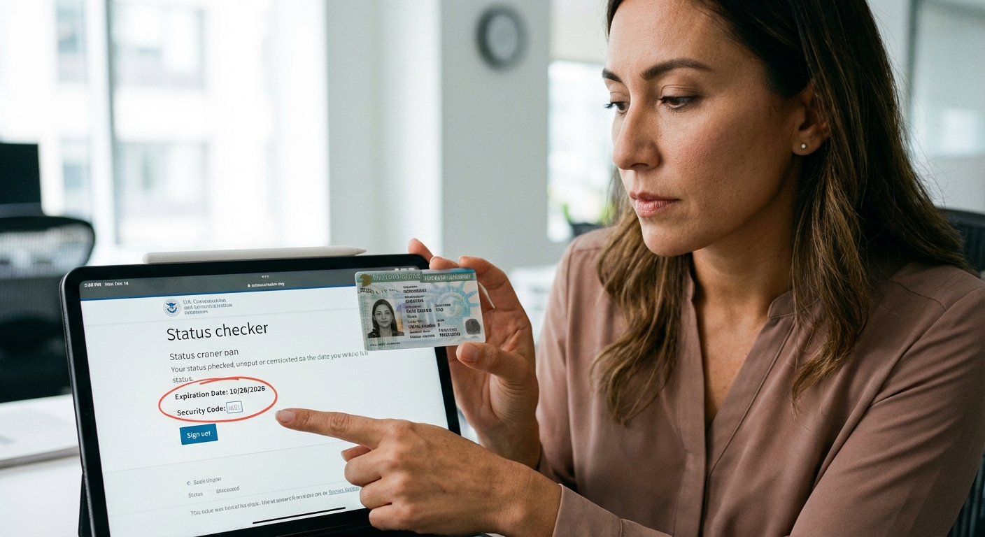 Pantalla de estatus que muestra la fecha de expiración del EAD al verificar si el permiso de trabajo está vigente.