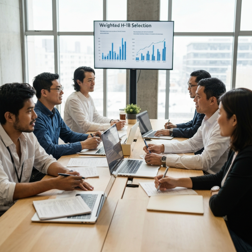 Plano ambiental en una oficina corporativa con un equipo de cumplimiento alrededor de una mesa, formularios y computadoras, pantalla con graficas de ponderacion.