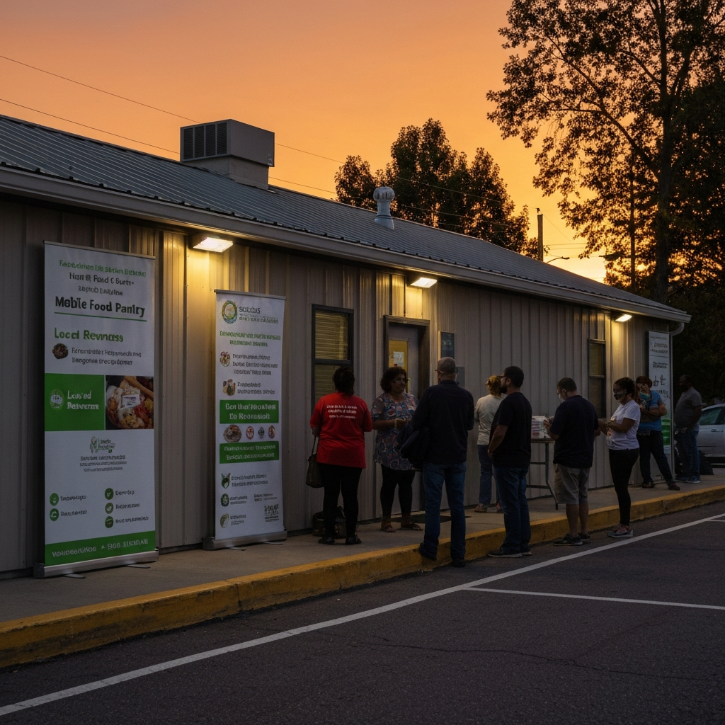 Plano amplio de un centro comunitario y un edificio de corte al fondo, personas esperando.