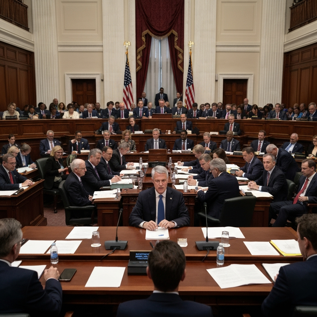 Plano amplio de una sala de audiencias del congreso, con legisladores, banderas y micrófonos, la toma muestra la escala y la tension politica del entorno