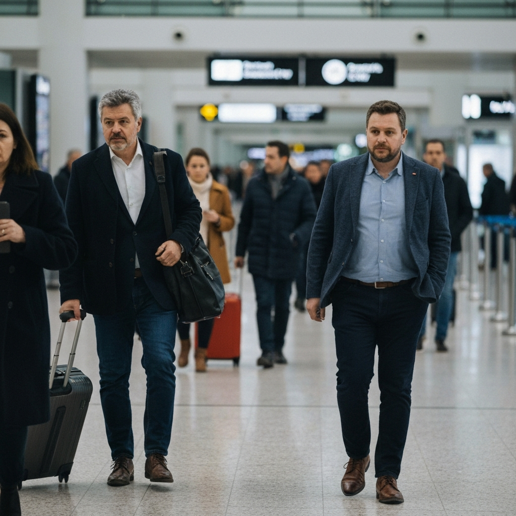 Plano amplio del terminal mostrando controles biometricos y viajeros en fila.