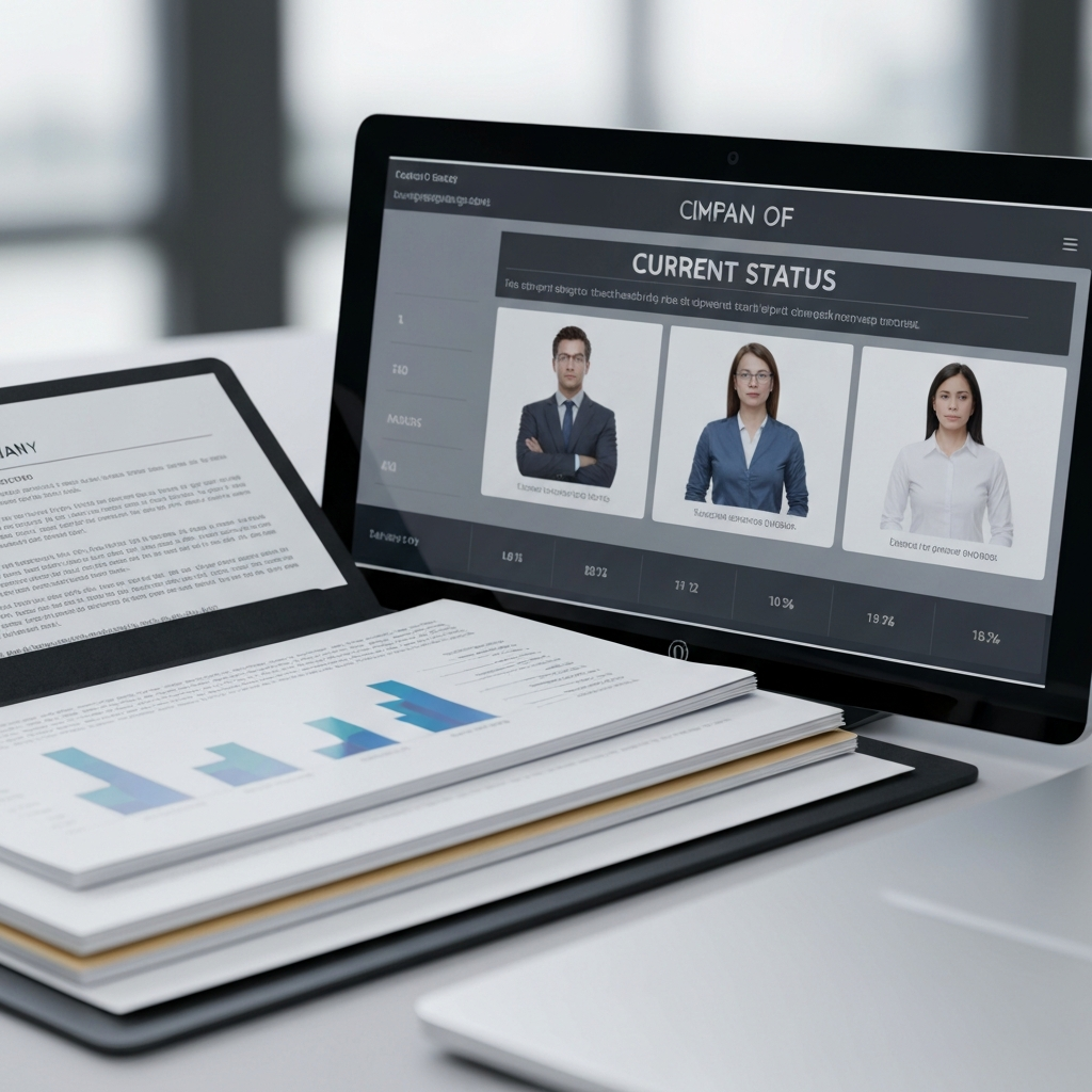 Plano de carpeta con documentos y pantalla mostrando el estado de la empresa, visa de inversion para emprender.