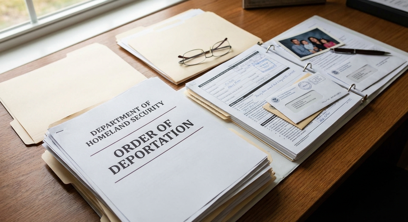 Plano general de un escritorio con expediente de migracion, orden de deportacion y documentos oficiales, notificaciones visibles. se puede quitar una orden de deportacion