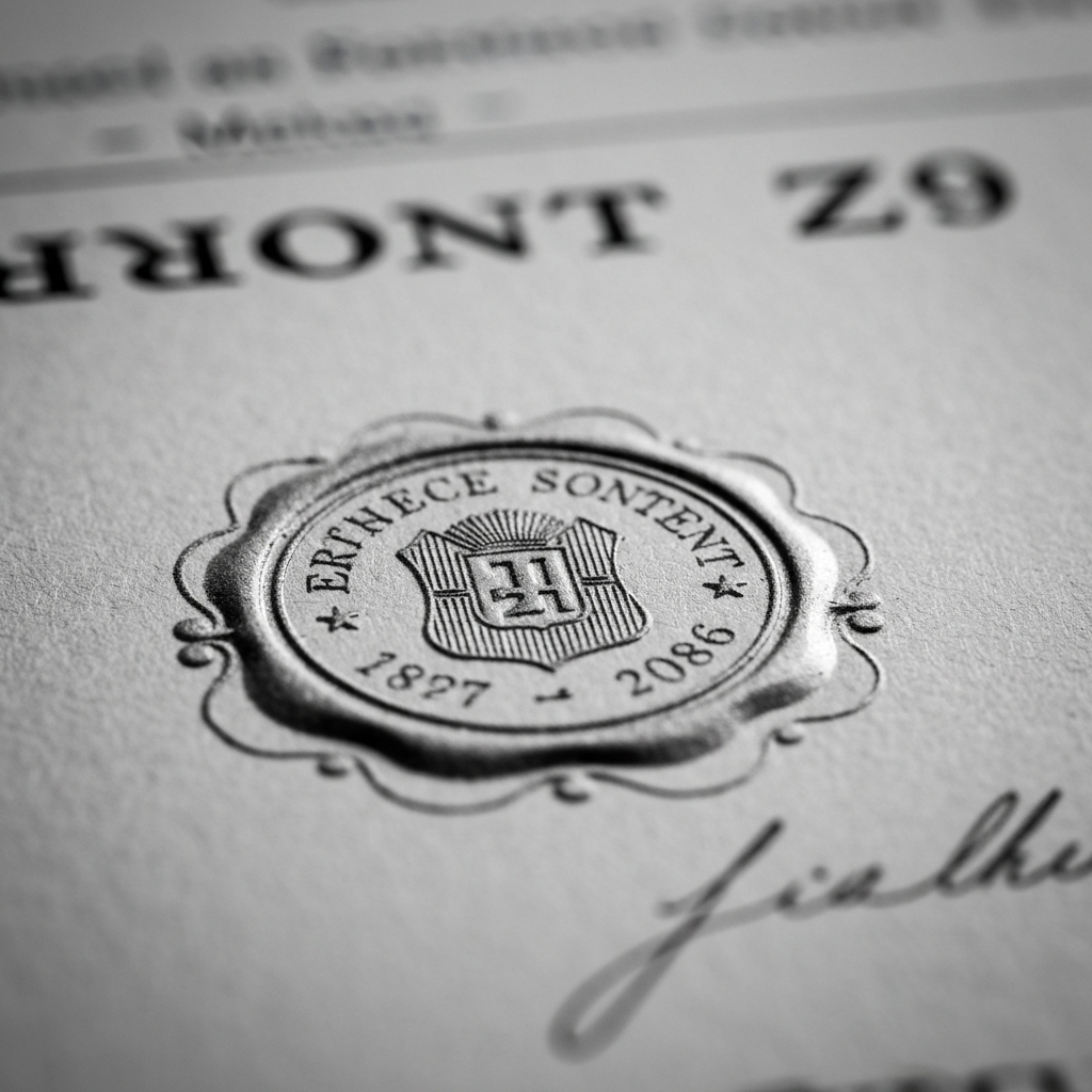 Primer plano de un documento legal, sellos y tinta sobre papel, simbolizando la burocracia