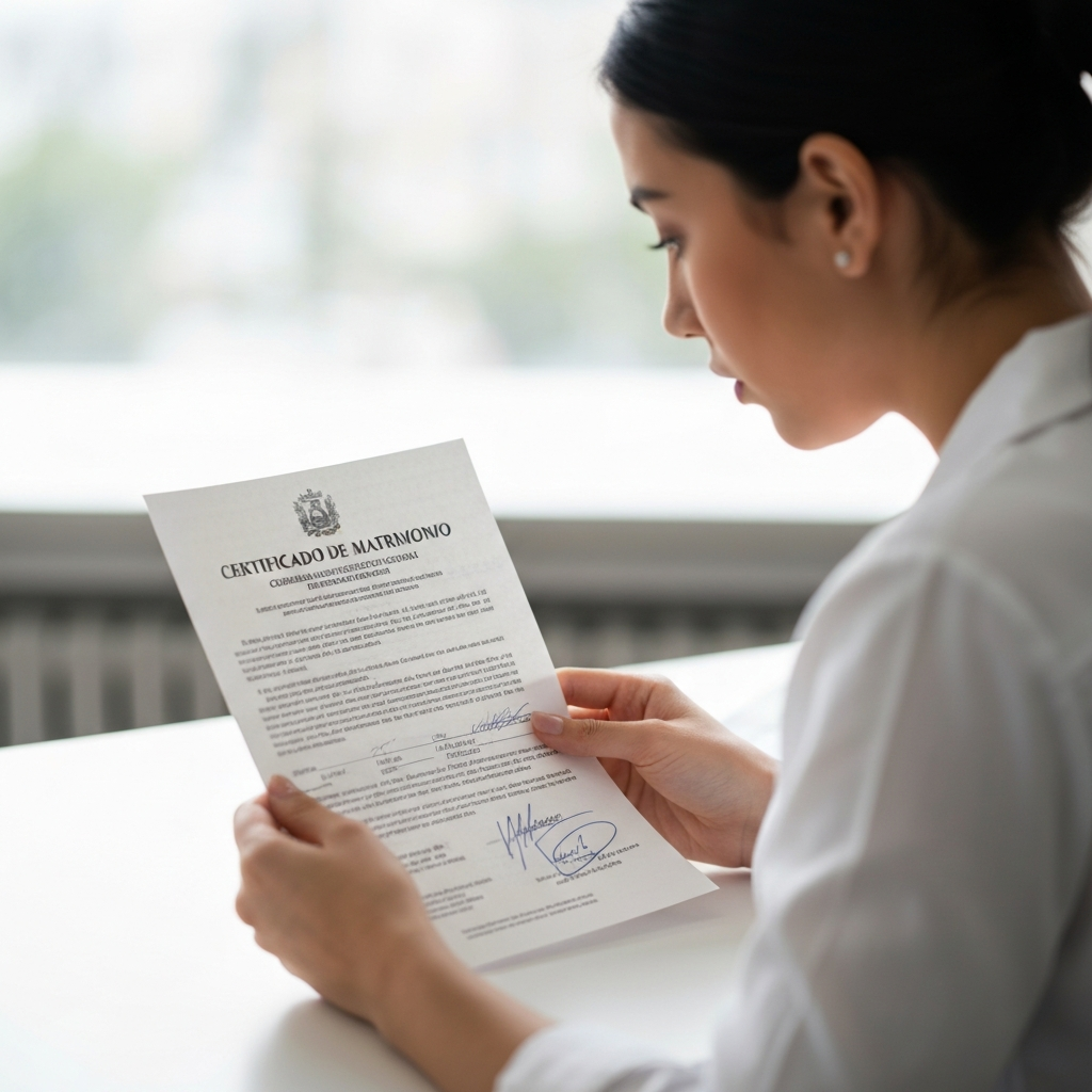 Primer plano de una persona revisando certificado de matrimonio y ciudadania del patrocinador en un escritorio simple, que es la i 360
