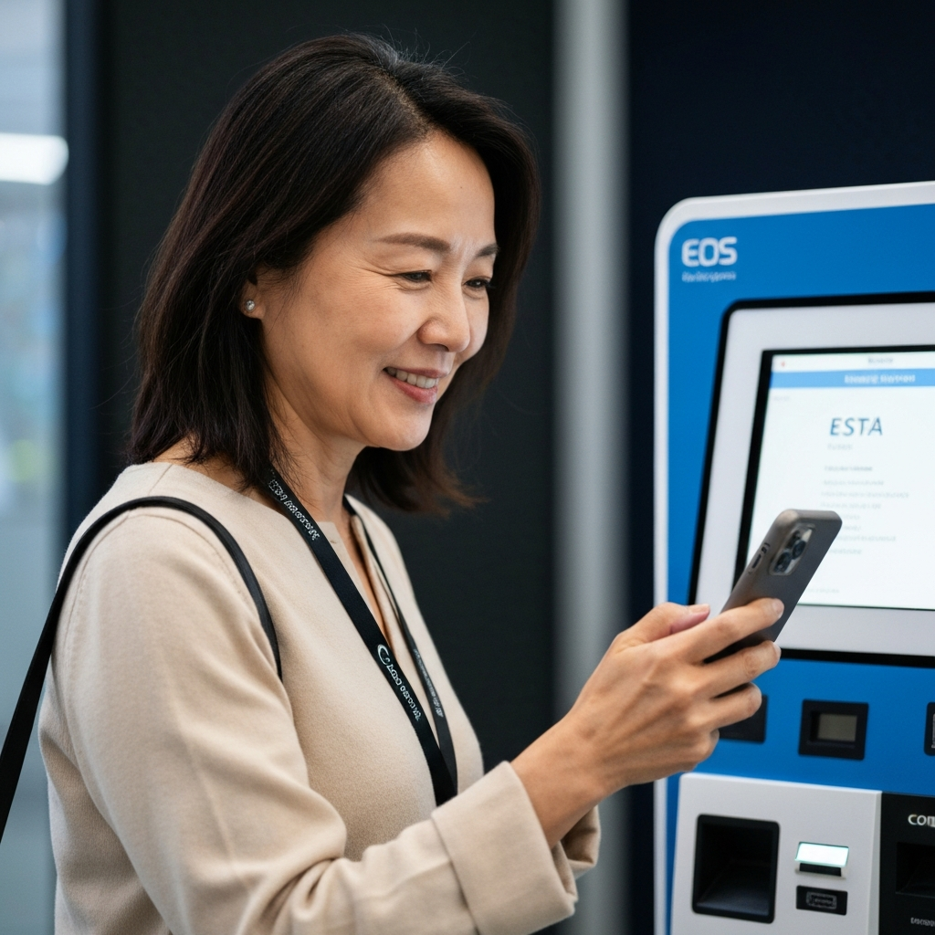 Retrato de un viajero en un mostrador de aeropuerto usando una app biometrica ESTA.