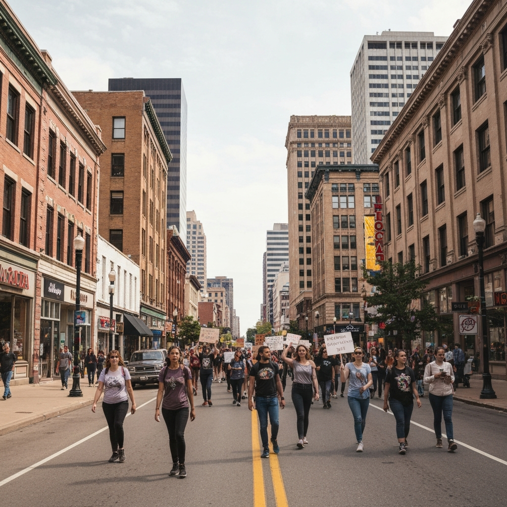 Vista amplia de la calle urbana en Minnesota, con protesta y presencia policial en segundo plano