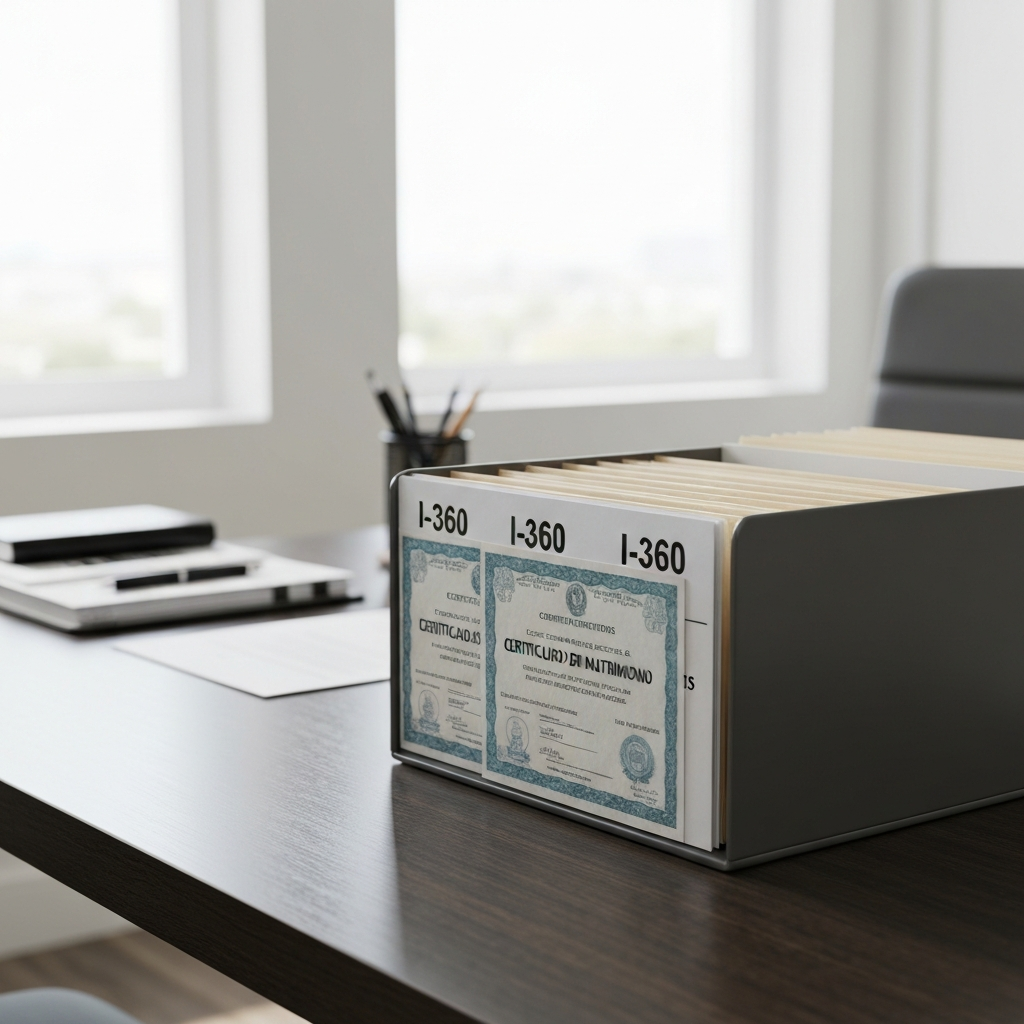 Vista amplia de un archivo organizado con certificados de matrimonio e I-360, simbolizando un resultado de documentacion ordenada en un proceso migratorio que es la i 360