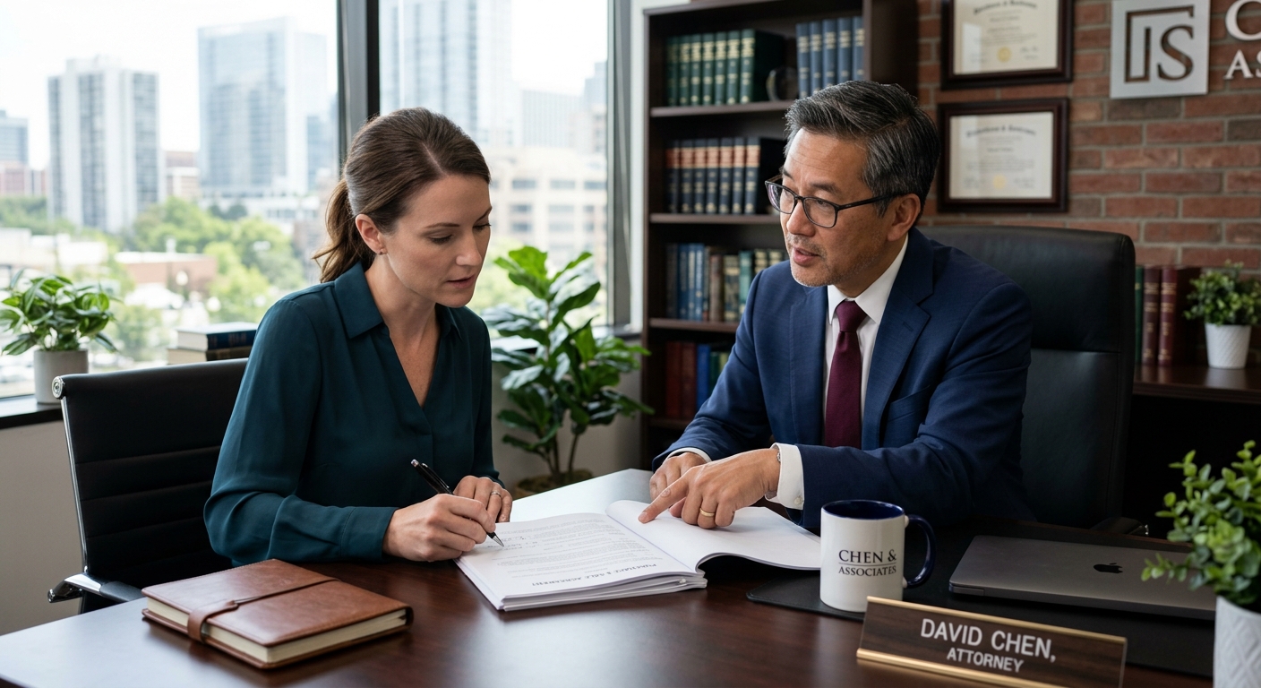 Abogado y cliente revisando documentos legales importantes ante posibles deportaciones en Estados Unidos.