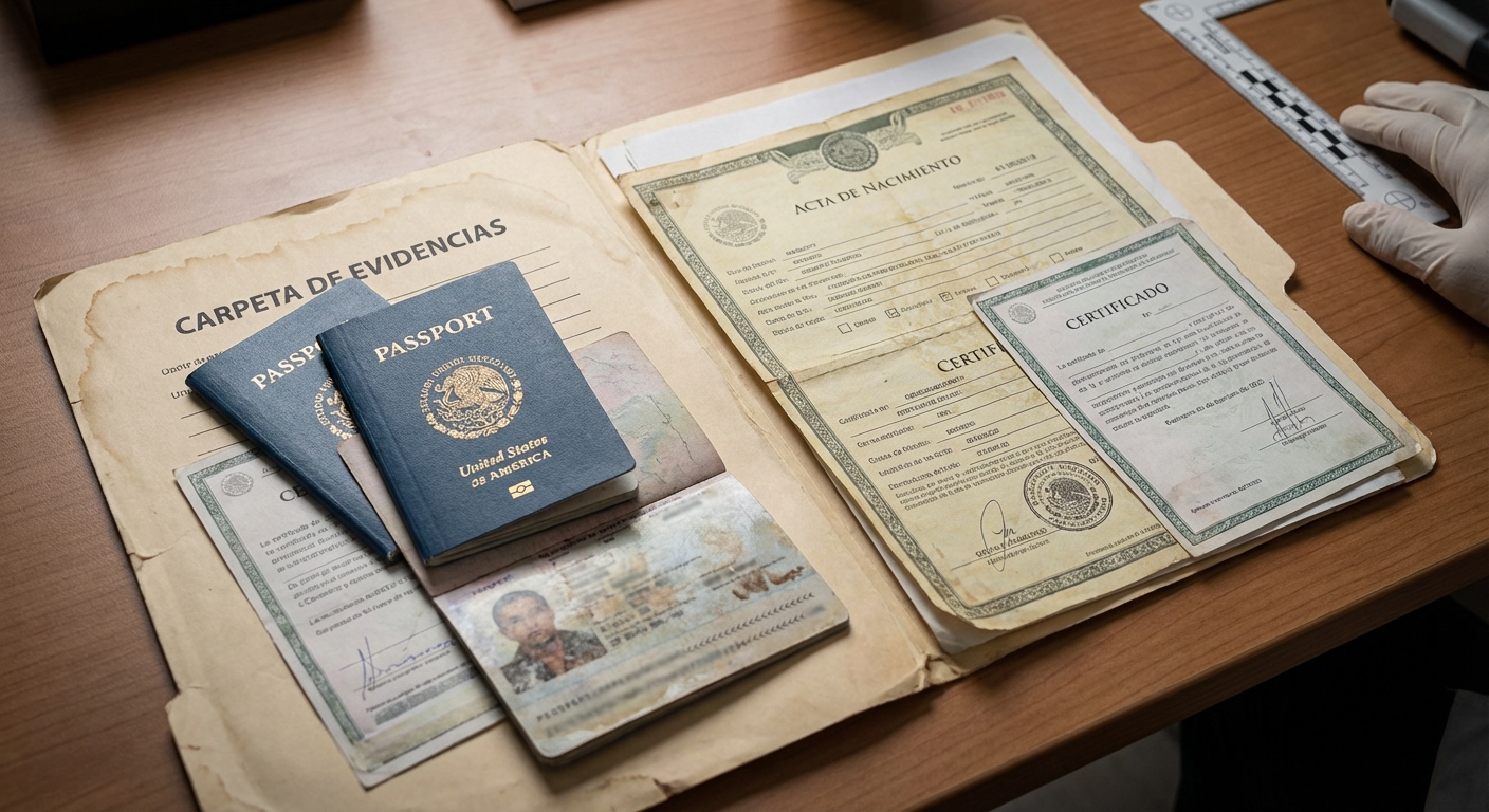 Carpeta de evidencias con pasaportes y actas de nacimiento para la nueva ley de inmigración residencia permanente.