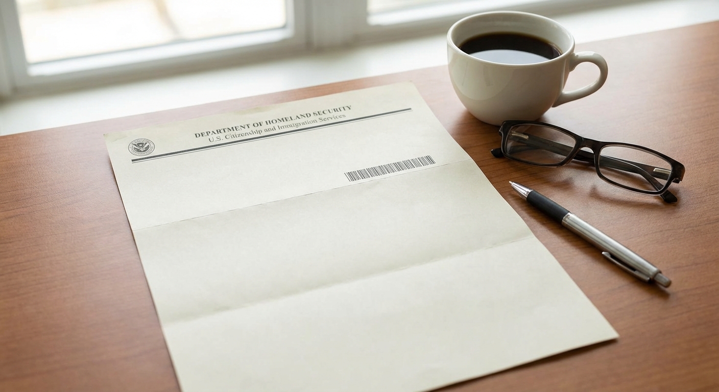 Carta de notificacion recibida sobre un caso en USCIS colocada sobre una mesa, evidenciando el resultado de la actualizacion como verificar mi dirección en USCIS