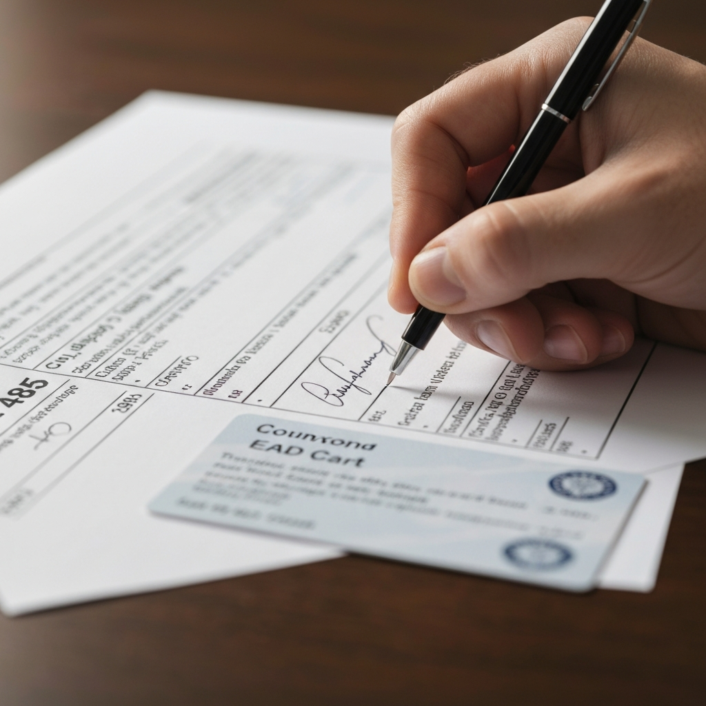 Detalle macro de una mano firmando un formulario I-485 junto a una tarjeta EAD, sello oficial y superficie texturizada.