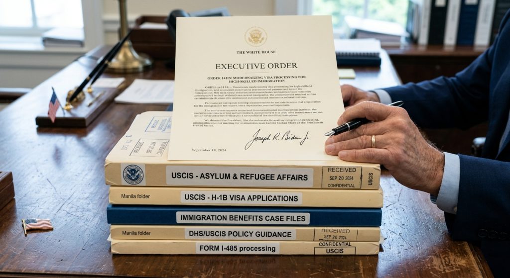 Documento oficial firmado sobre expedientes legales bajo las ordenes ejecutivas inmigracion Trump en una oficina federal.
