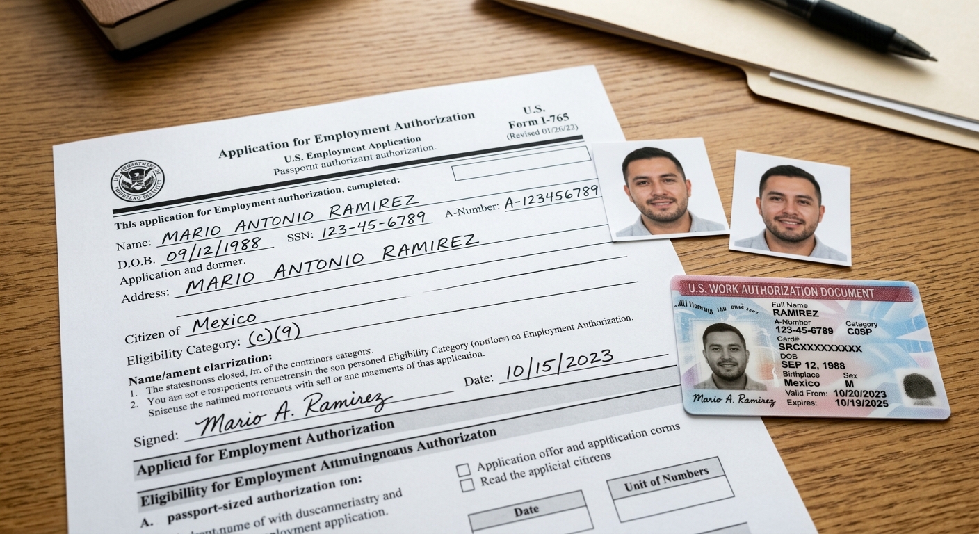 Documentos necesarios para el tramite del formulario I-765 incluyendo fotografias recientes y el permiso de trabajo fisico sobre un escritorio.