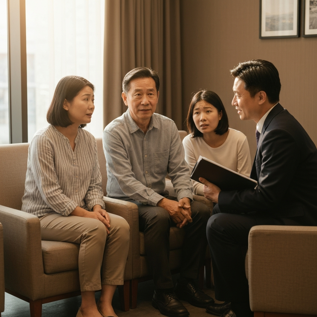 Elemento humano: una familia con un profesional legal en una sala de espera, expresion de emociones