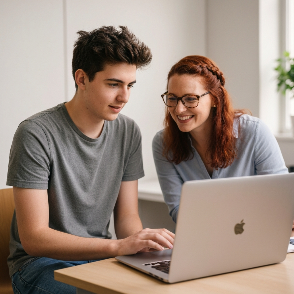 Escena con una persona joven y un mentor en una mesa, mirando la pantalla de envio de DV, expresion de alivio
