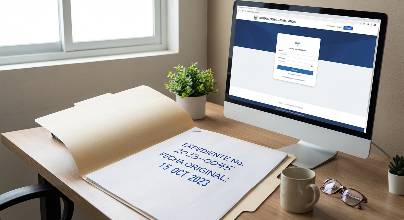 Escritorio con expediente numero y fecha original junto a un portal oficial para cambiar cita con ICE.
