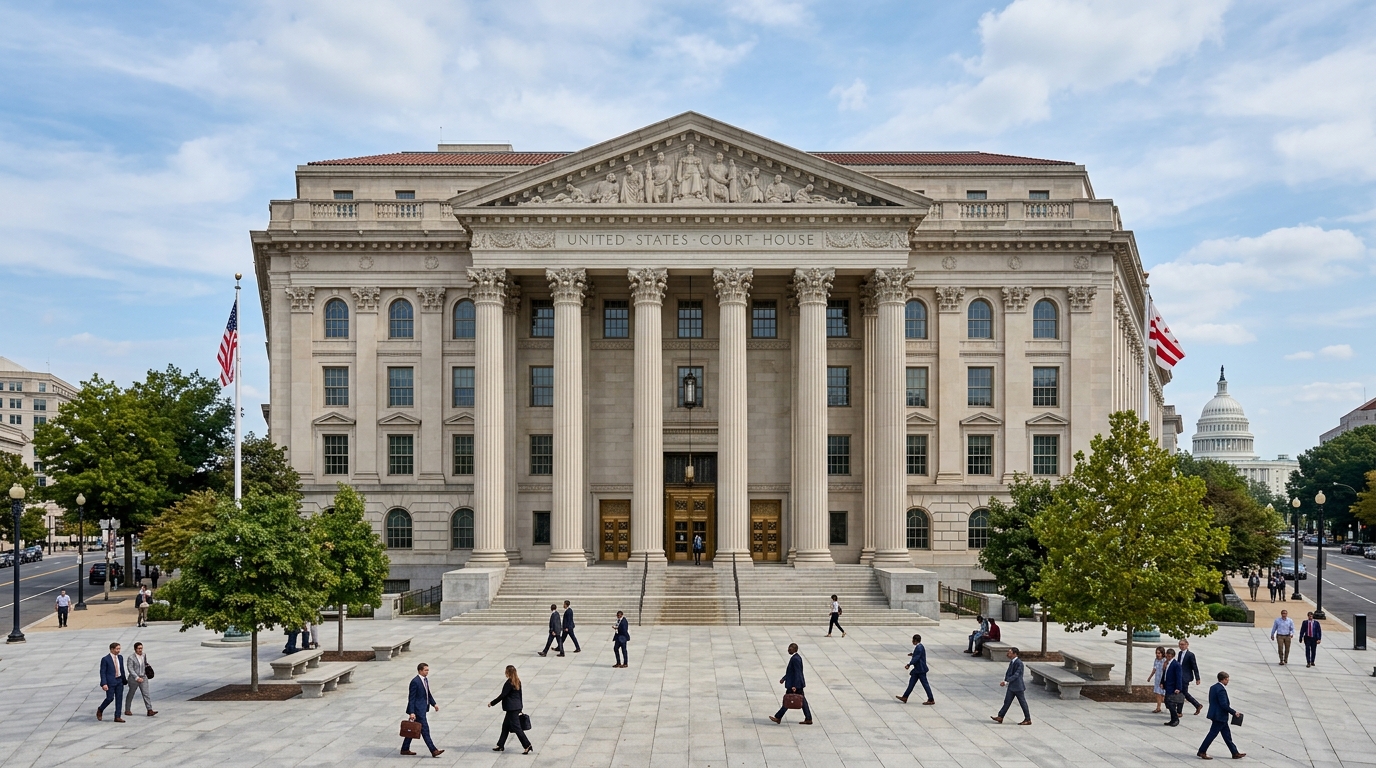 Exterior de un tribunal federal donde se revisan legalmente las órdenes ejecutivas de inmigración en Estados Unidos.