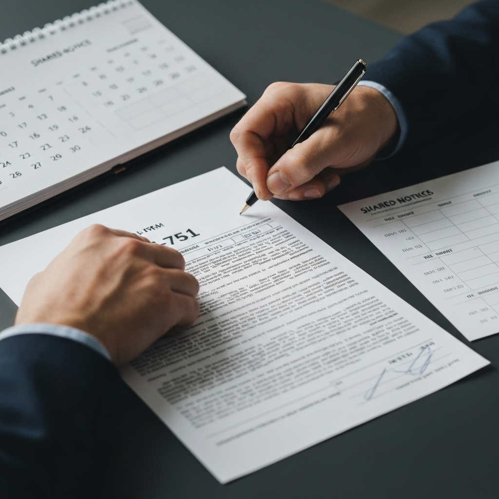 Manos firmando el Formulario I-751 junto a un calendario y recibos como parte del proceso de remoción de condiciones USCIS.