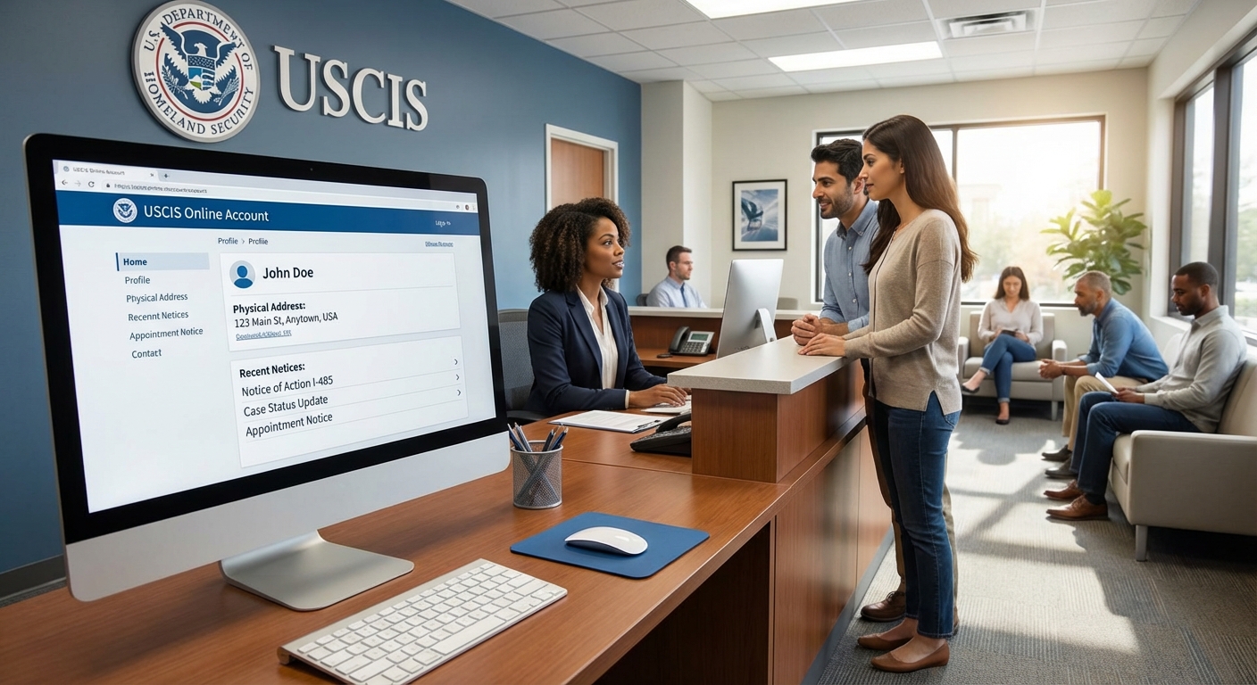 Oficina de USCIS con pantalla mostrando la cuenta en linea y direcciones para como verificar mi direccion en USCIS