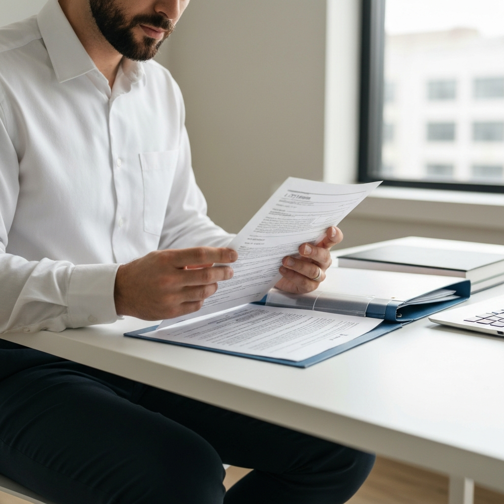 Persona revisa formularios y recibos, tono serio, remocion de condiciones USCIS