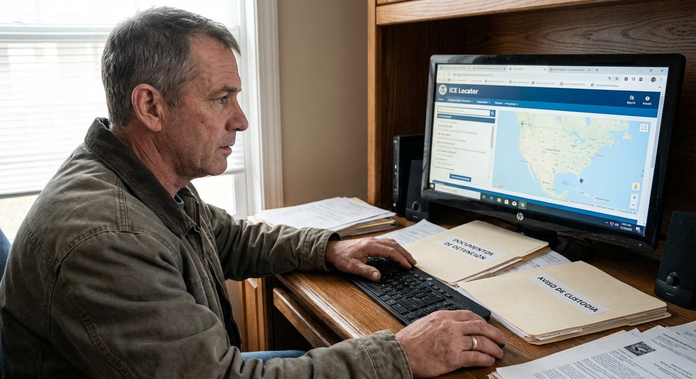 Persona vista de perfil medio frente a una computadora, con documentos de detención visibles, buscando cómo localizar a una persona detenida por ICE.
