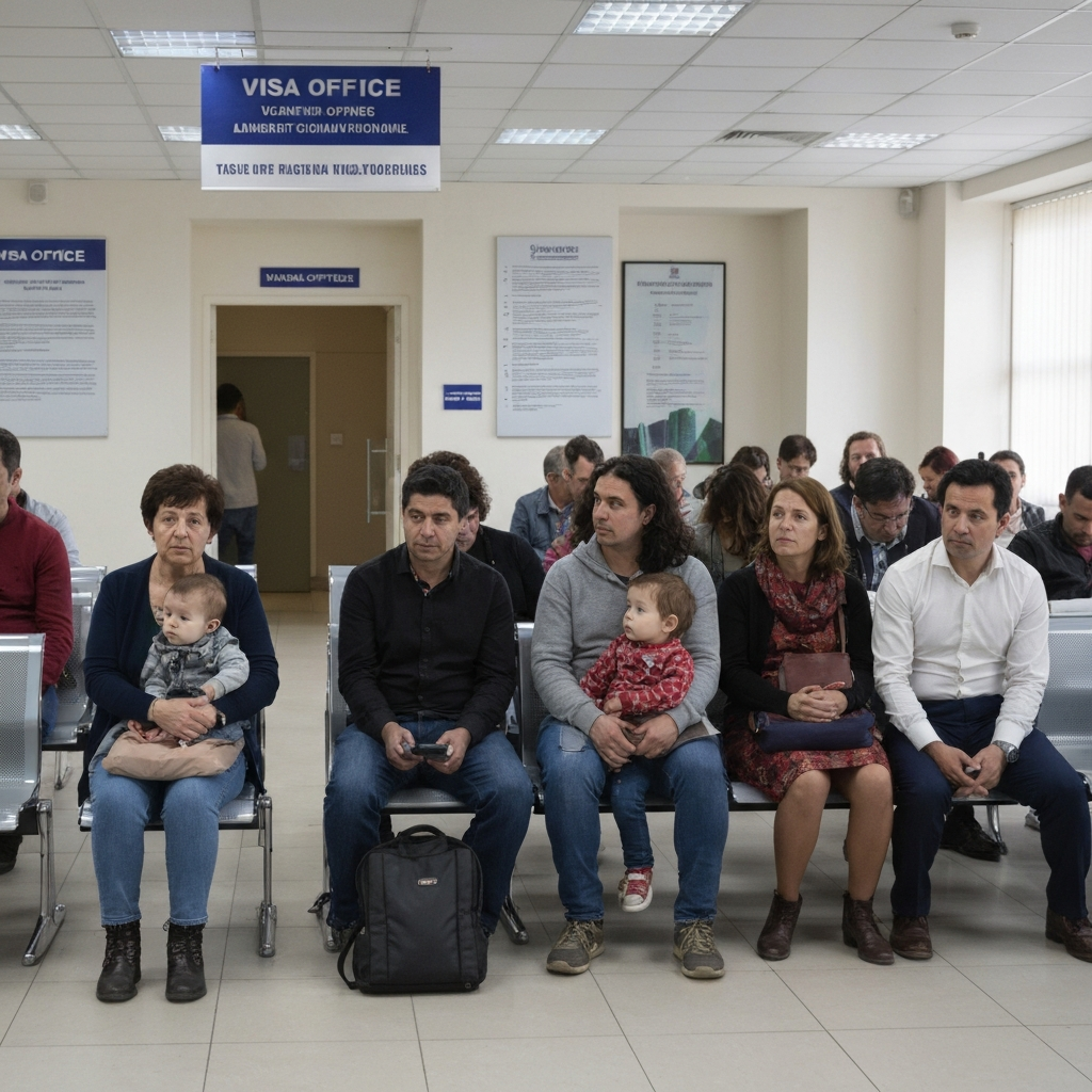 Plano amplio de un lobby de visas con gente diversa, cartel EB2 en la pared y luz natural, tono esperanzador.