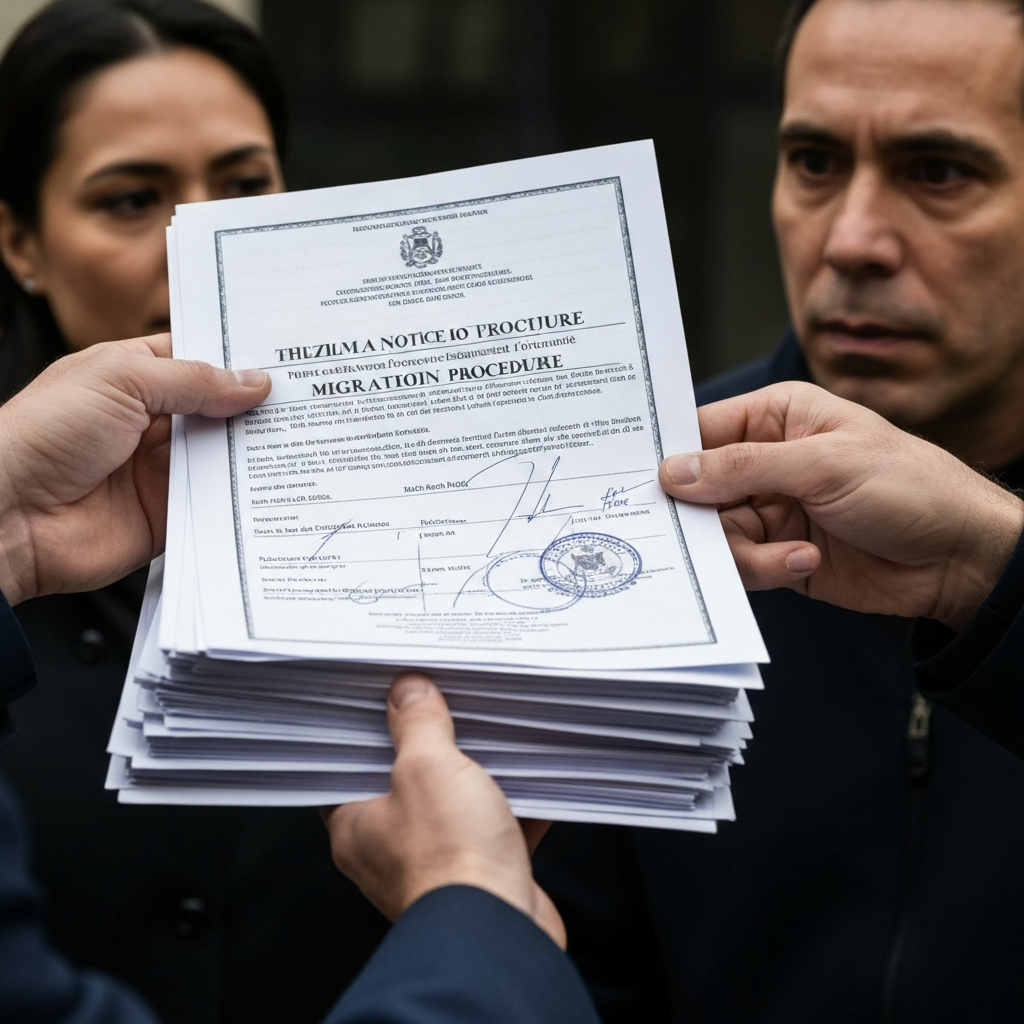 Documentos migratorios y aviso formal organizados sobre una mesa como parte de la planificación después de una salida voluntaria.