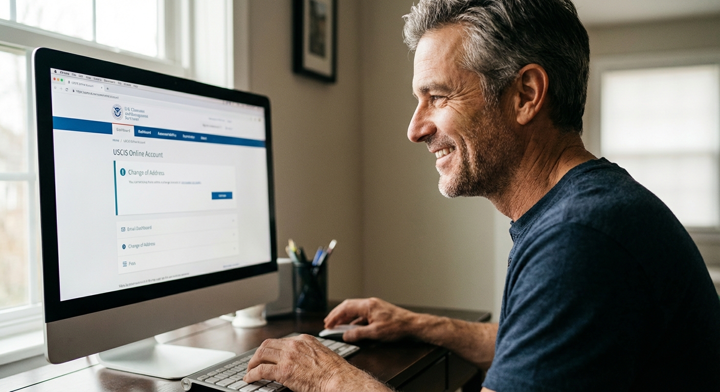 Plano medio de una persona revisando su cuenta de USCIS en un ordenador para entender como verificar mi dirección en USCIS