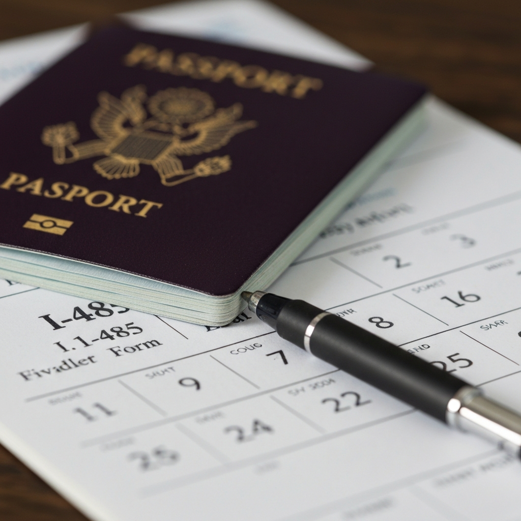 Primer plano de pasaporte y formulario I-485 junto a un boligrafo y calendario.