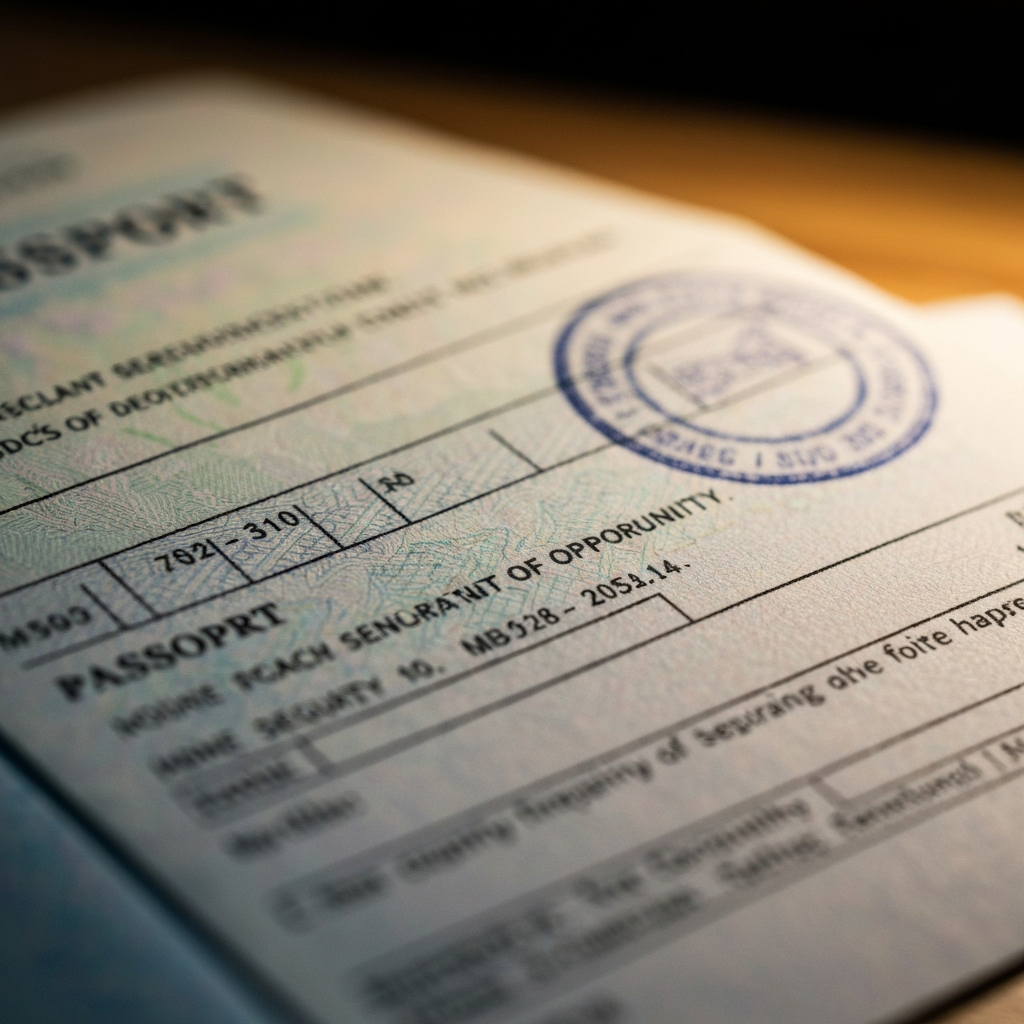 Primer plano de un pasaporte y un sello sobre documentos de visa