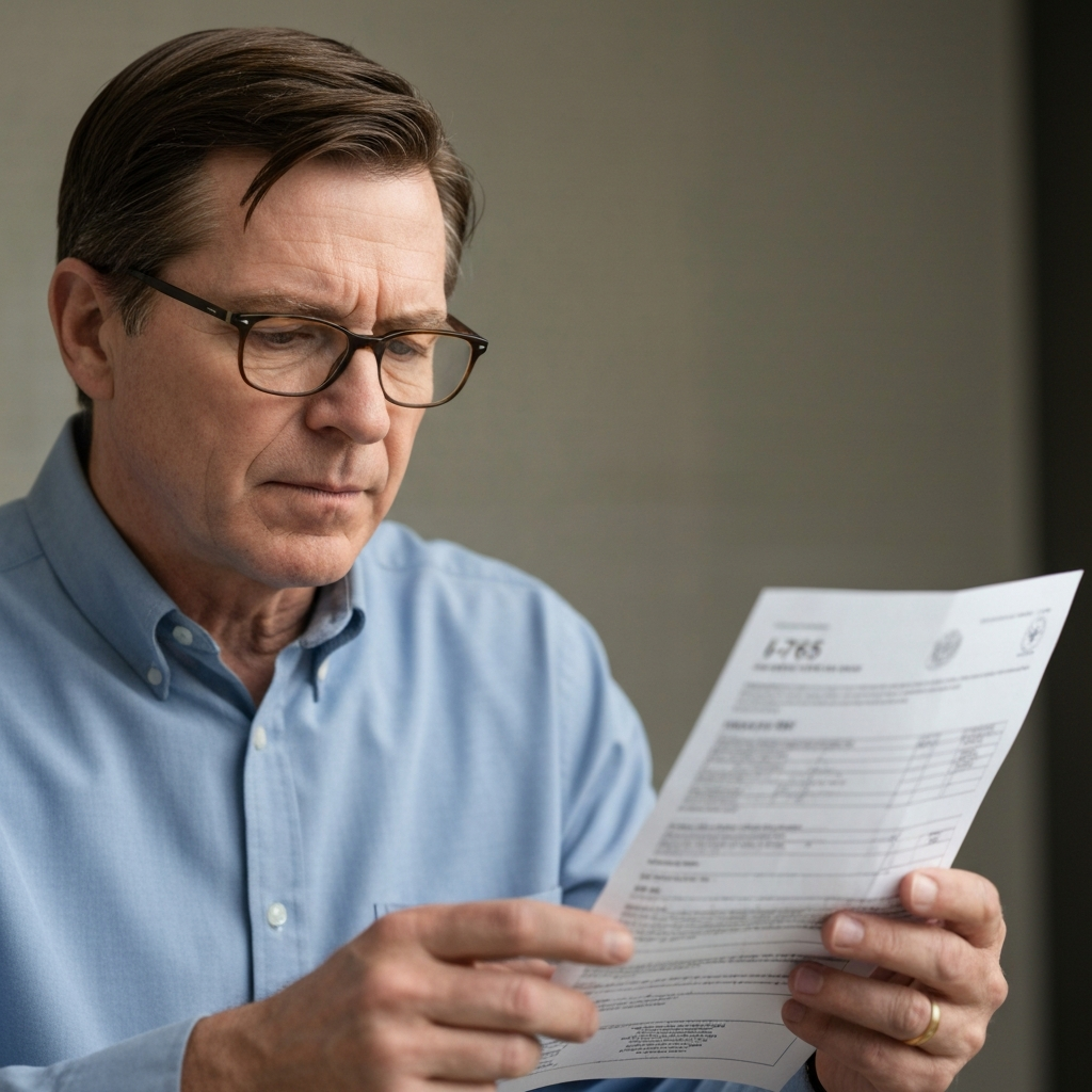Persona revisando su recibo I-765 para verificar el estado de su TPS 2026 y la extensión de su permiso de trabajo.