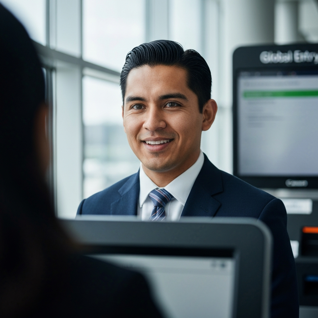 Retrato en primer plano de un viajero diverso frente a un quiosco Global Entry, con luz suave de ventana