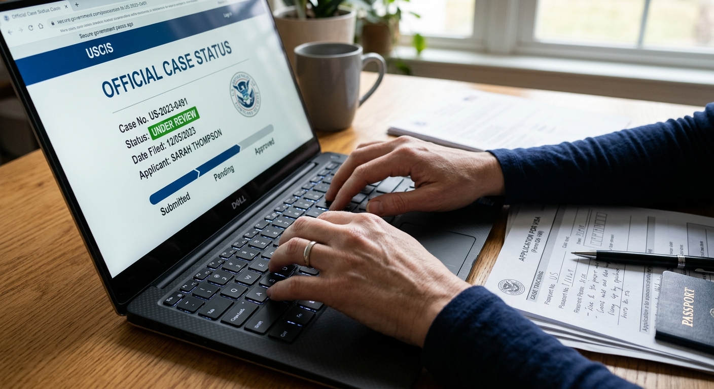 Persona verificando el estado de su petición migratoria en un monitor después de los cambios por órdenes ejecutivas de inmigración.