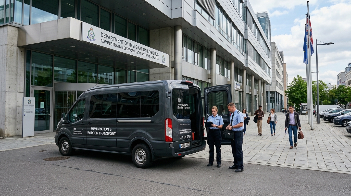 Vehículo de transporte gubernamental frente a un edificio administrativo de deportaciones en Estados Unidos.