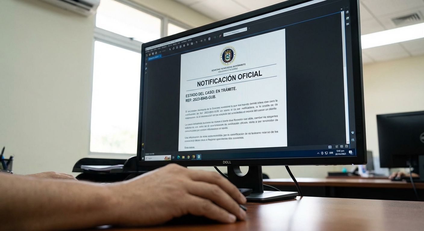 Vista amplia de una notificacion oficial y estado de caso en monitor, vinculada a la nueva ley de inmigración residencia permanente.
