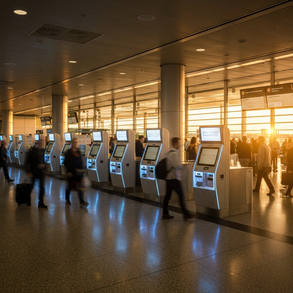 Vista amplia del terminal con quioscos Global Entry y viajeros, luz cálida y movimiento