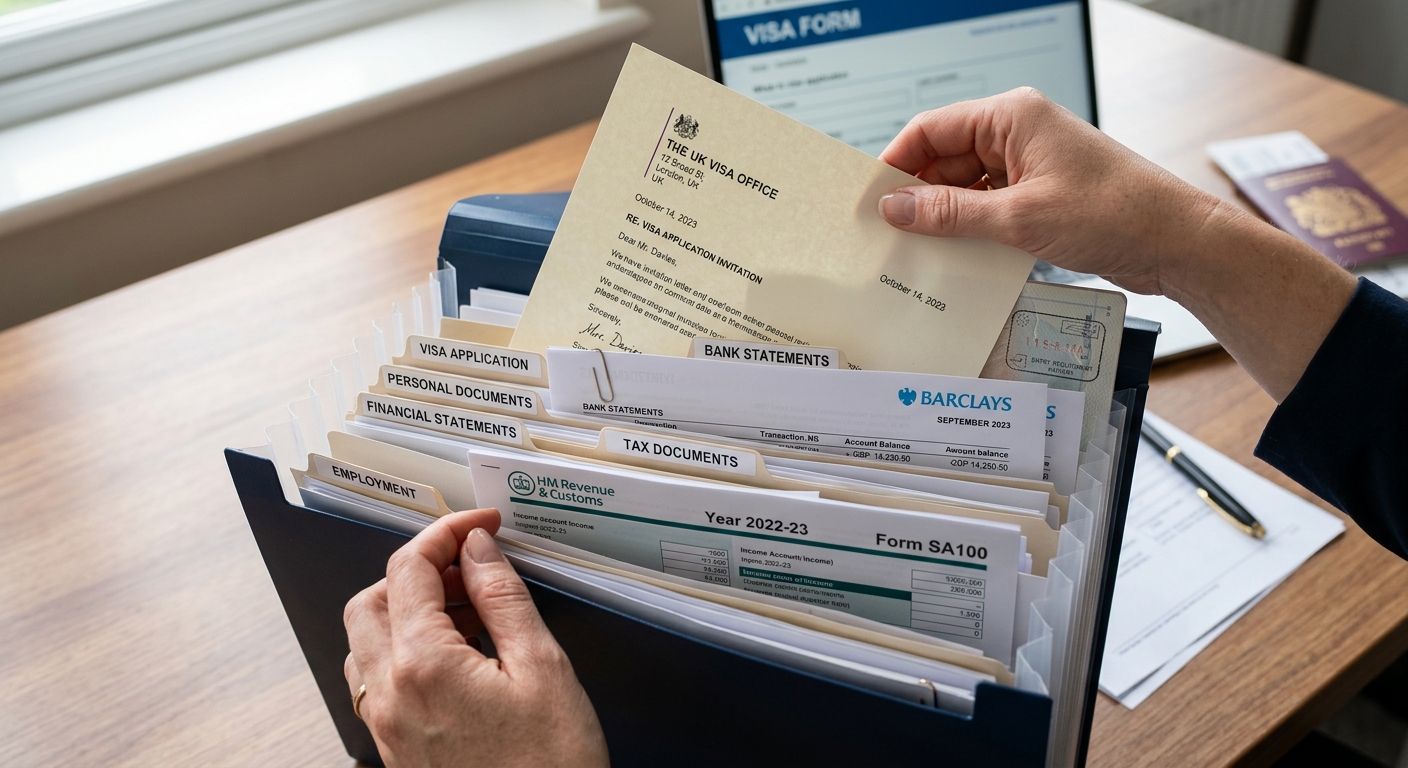 Carpeta con documentos financieros y estados de cuenta preparados para una entrevista de visa consular.