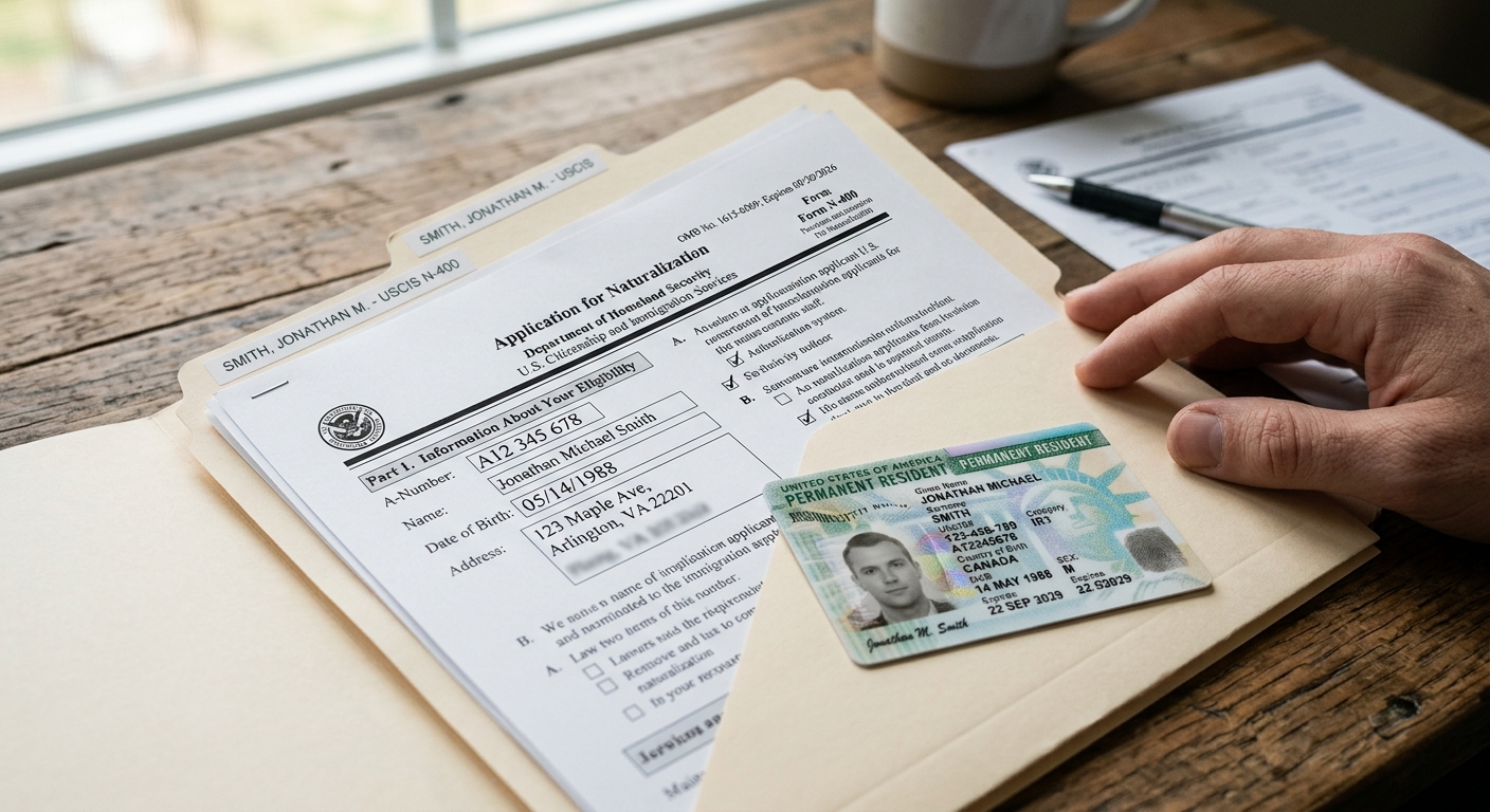 Carpeta con formulario N-400 y tarjeta de residencia, esenciales para cumplir los requisitos para la ciudadania americana.