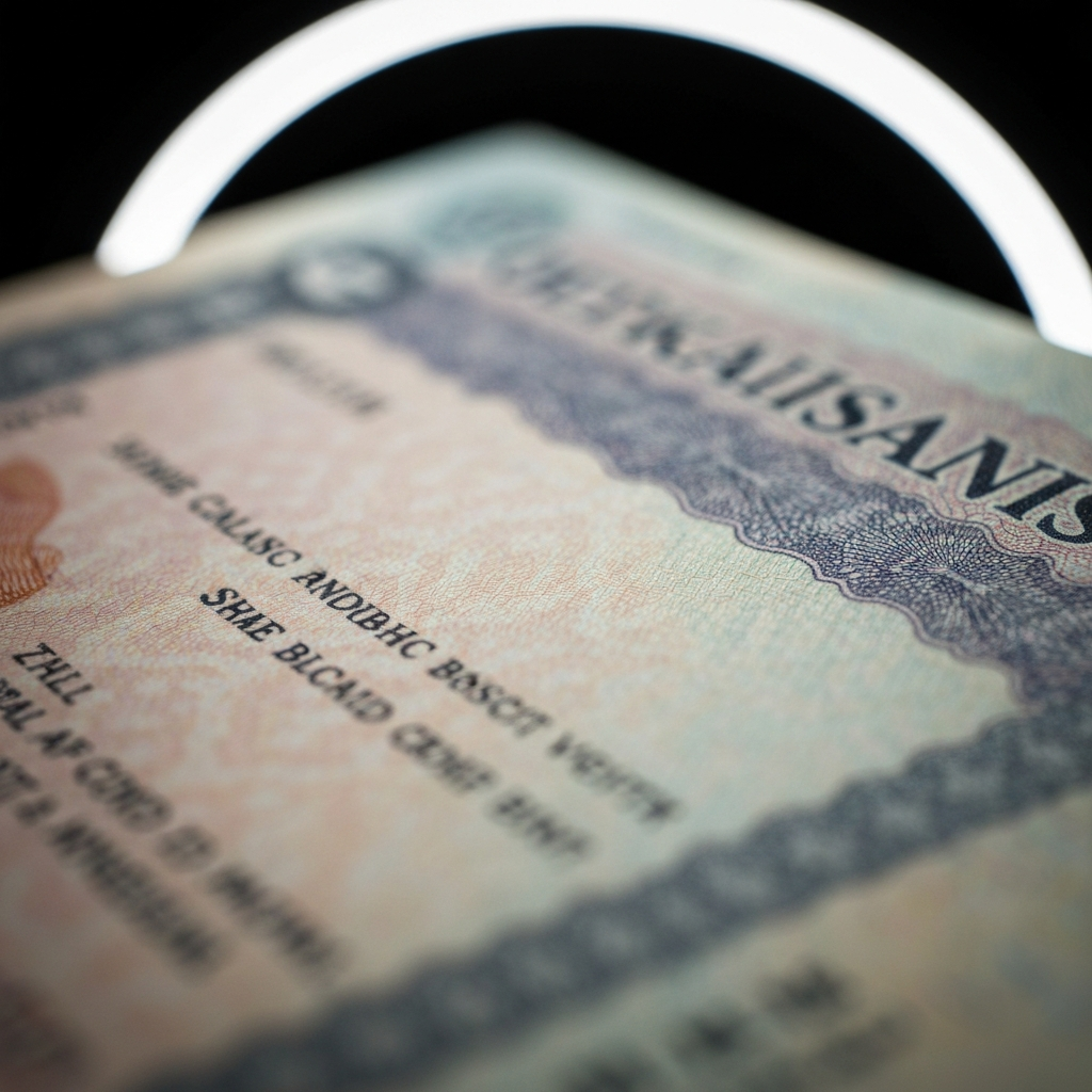 Detalle macro de un documento de visa con fechas y sellos, textura del papel y luz suave